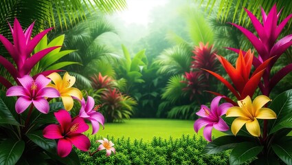Vibrant tropical flowers and lush greenery create a serene jungl