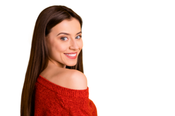 Photo of charming cute cheerful nice gorgeous girlfriend of pure beauty smiling with teeth looking into camera isolated over yellow vivid color background