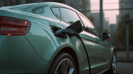 Clean electric car charging at a station in the early evening light