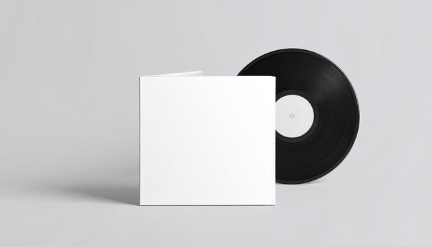 Blank white record album cover and black vinyl record on a light gray surface (1)