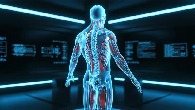 Close-up neon blue wireframe chest muscles anatomy glowing, seamless loop.