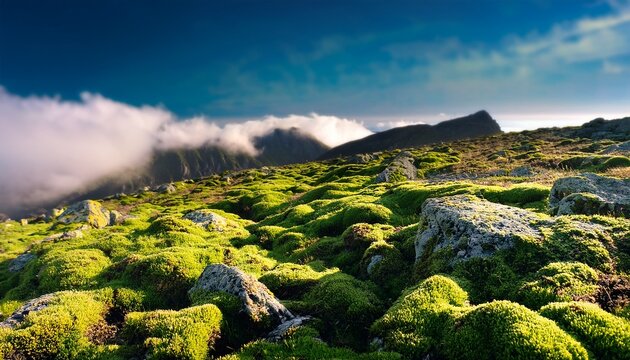 Green Grass Or Moss Over Rocks On Mountain