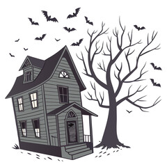 Fototapeta premium Spooky haunted house with bare tree and bats flying around, perfect for halloween themed designs, invitations, and decorations with a scary atmosphere