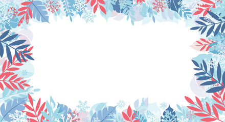 Obraz premium A festive winter border with blue and red leaves and snowflakes.