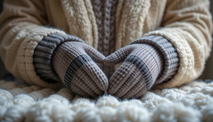 Hands in knitted gloves forming heart shape on cozy blanket image