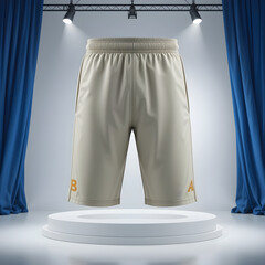 Light beige shorts with orange letters B and A displayed on a white podium pants clothing