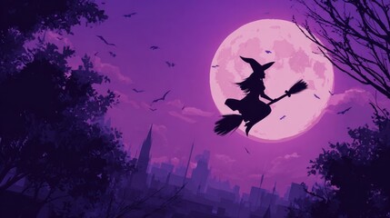Witch silhouette flying across a purple moonlit sky with a city skyline
