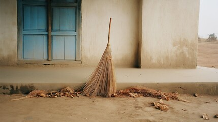 Vintage Broom by Rustic Doorway in Nature