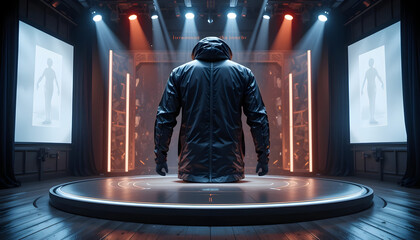 Man in dark hooded jacket on illuminated stage with screens image
