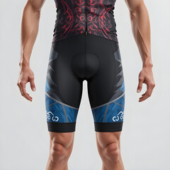 Man wearing black cycling shorts with blue geometric pattern and red tribal print jersey male