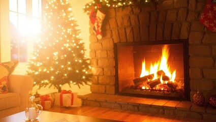 Warm Christmas Eve: Glowing Tree, Fireplace, and Stockings in Co