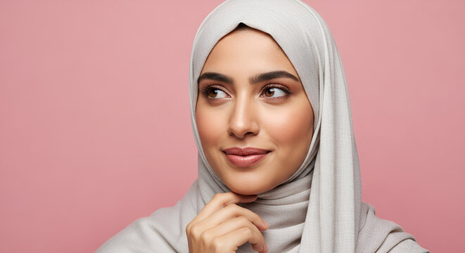 A young woman wearing a hijab looks thoughtfully to the side, smiling gently.