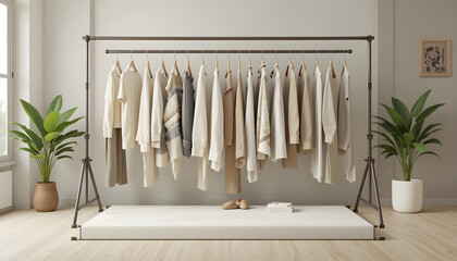 Neutral colored clothing hangs on a rack with plants and a picture beige white