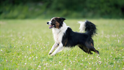Happy Dog Running in Meadow. Energetic Border Collie outdoors