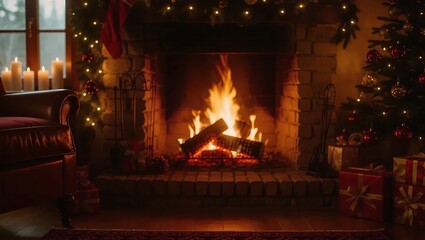 Warm Christmas Fireplace Scene with Glowing Lights, Stocking, an