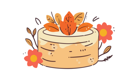 October cake and flower illustration in a simple cartoon style with flat design elements, featuring a round cake with creamy white png Transparent 