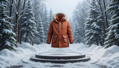 Orange winter parka with fur hood floats above snowy forest display jacket