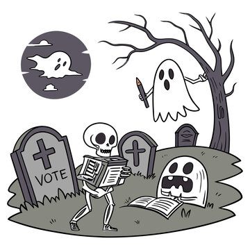 A spooky halloween scene featuring a skeleton voting in a graveyard with ghosts, tombstones, and a full moon
