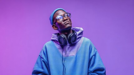 Young African man wearing glasses and headphones, dressed in a blue hoodie, against a vibrant purple background. The scene conveys a modern, urban vibe.