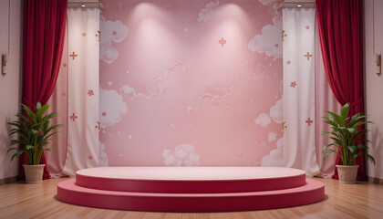 Pink stage with red curtains and potted plants on wooden floor image