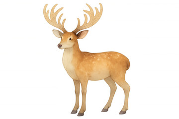 Deer with large antlers standing, looking left. Mammal on transparent background for easy use in various designs