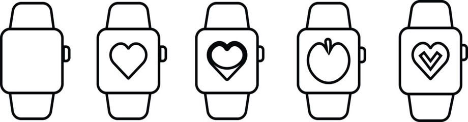Smartwatch icon set, black wearable watch vector collection and fitness tracker group in line style, heart rate monitor, time, tech gadget symbol pack, minimal outline design