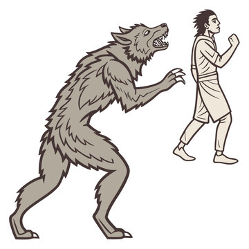 Illustration of a werewolf transforming from a man, showing the stages of transformation, in a cartoon style