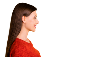 Photo of beautiful cute charming nice girlfriend looking into empty space created for new information isolated over yellow vivid color background