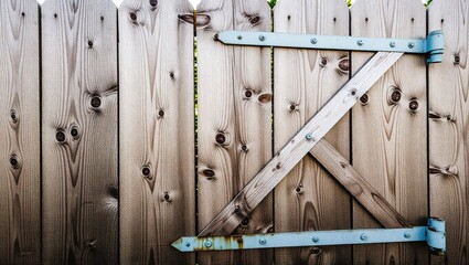 Weathered Wooden Gate with Blue Hinges and Diagonal Braces Detai