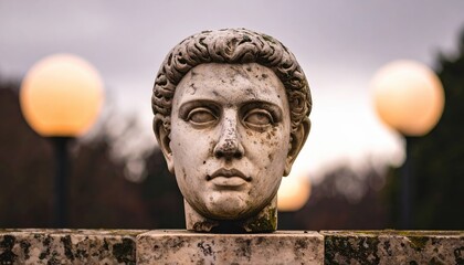 Weathered ancient Roman marble head sculpture on a stone wall.