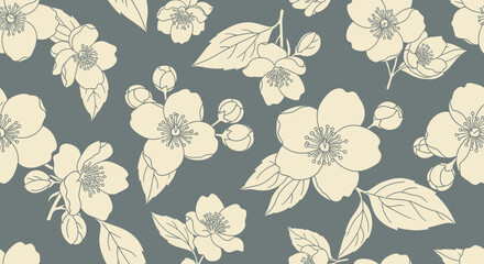 Floral pattern flowers, leaves, and buds on a grey background