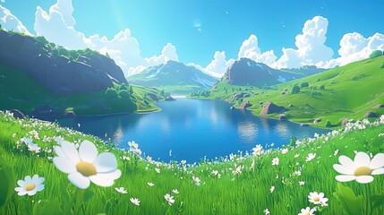 Cartoon Background For Childrens Book With Green Hills And Blue Water In Simple Illustration Style