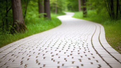 Winding Cobblestone Path Through Lush Green Forest, Leading into