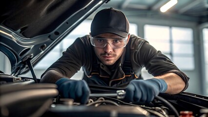 Focused auto mechanic wearing safety glasses and gloves repairing car engine in workshop