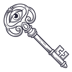 An ornate key with an eye design, the key evokes a sense of mystery, secrets, and the unlocking of hidden knowledge