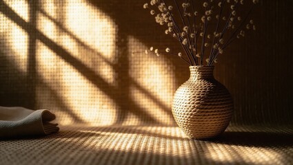 Woven Vase with Dried Flowers and Window Light Shadow on Woven B