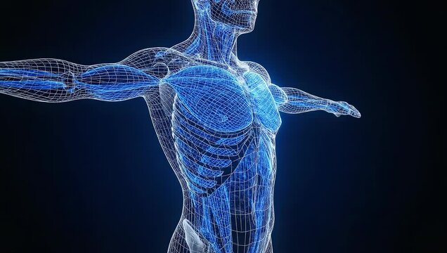 Wireframe human anatomy rotating under spotlight, clean minimal background, seamless loop.