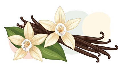 Flavorful vanilla beans with beautiful blossoms and green leaves adorning a pastel background.