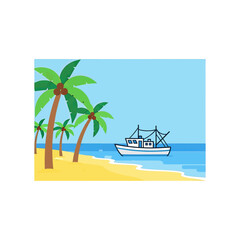 Coastal scene featuring a beach with palm trees, a fishing boat, and the ocean under a blue sky.