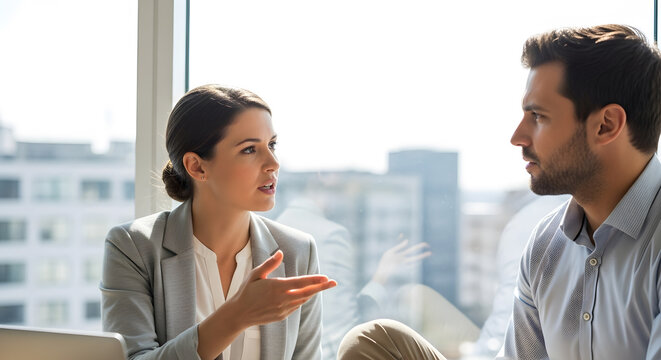 Business colleagues talking during a meeting in a modern office.