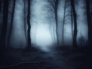 Naklejka premium Mysterious foggy forest at night with ghostly trees and eerily lit path, 3D render of haunting atmosphere perfect for horror games and cinematic concept art.