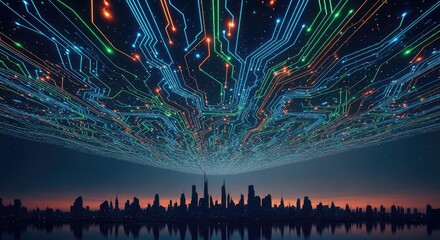 Futuristic Cityscape with Digital Network Overlay