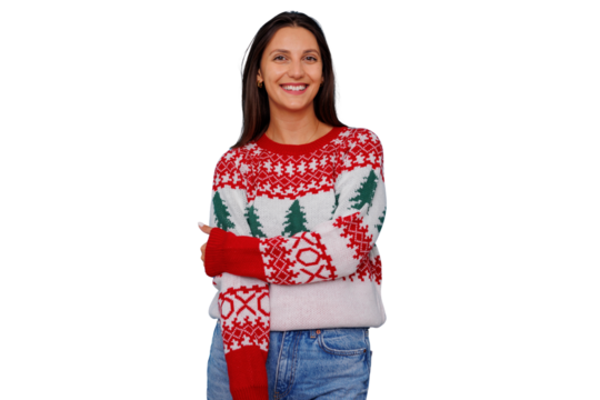 Young woman smiling, wearing a colorful christmas sweater for the holiday season. Transparent background