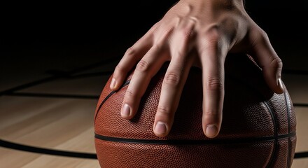 of a hand gripping a basketball on a wooden court floor, highlighting the texture of the ball and fingers, symbolizing training