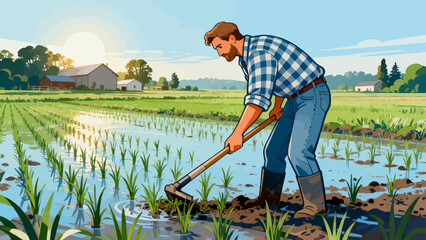 Farmers are doing farm work in the fields, with cartoon hand-drawn vector illustrations