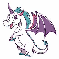 A cute unicorn dragon is standing on its hind legs, it has a horn, wings, and a tail it is smiling and looks friendly