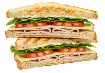 Delicious club sandwich isolated on transparent background, stacked with ham, cheese, tomato, and lettuce on toasted bread
