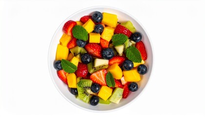 Fresh fruit salad bowl with diverse colorful berries and tropical fruits.