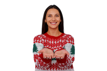 Woman in festive christmas sweater smiling offering or receiving something with open hands on transparent background