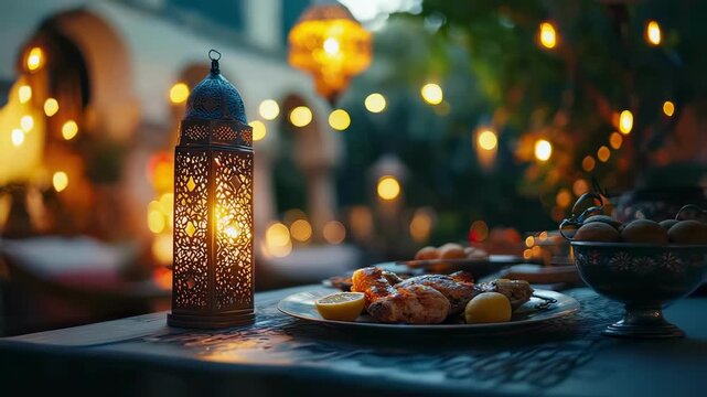 Ramadan lantern on the table. Selective focus